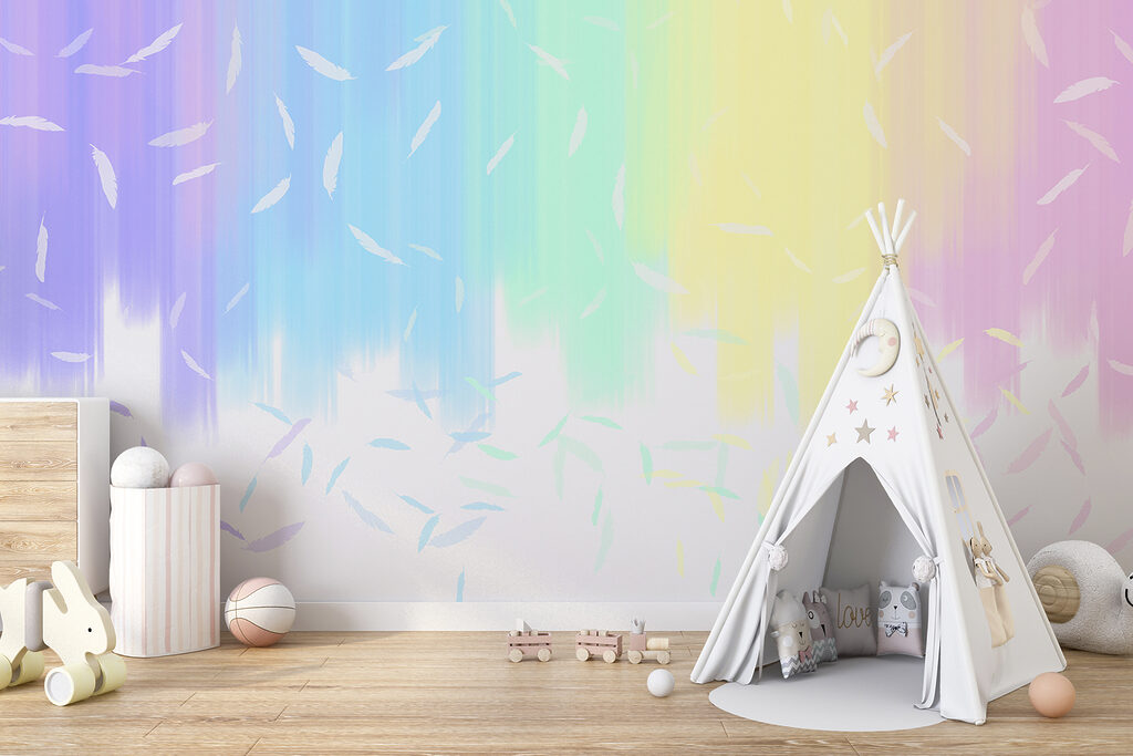 A rainbow colored background with white feathers falling A rainbow colored background with white feathers falling