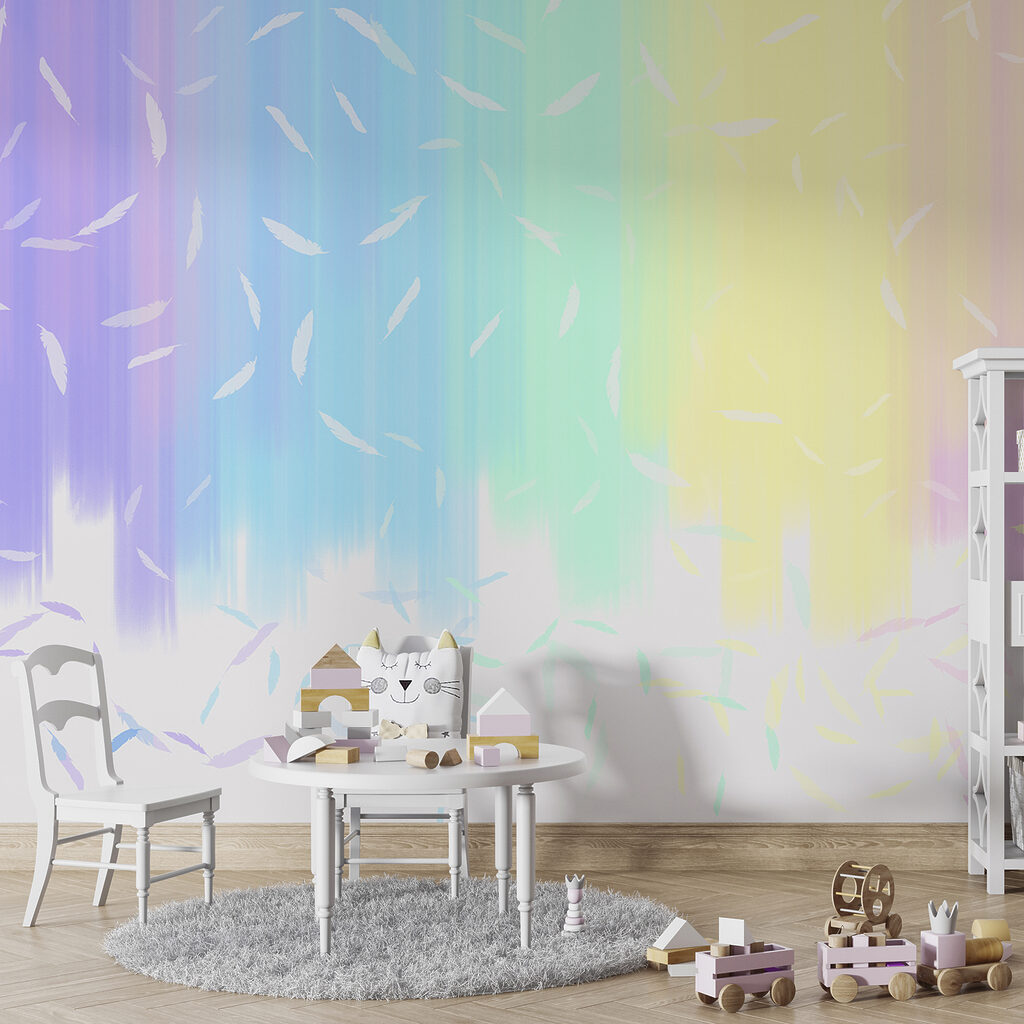 A rainbow colored background with white feathers falling A rainbow colored background with white feathers falling