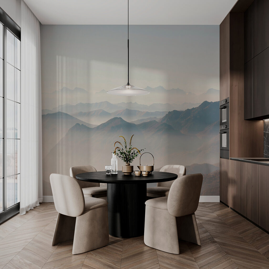 A mountain range with fog