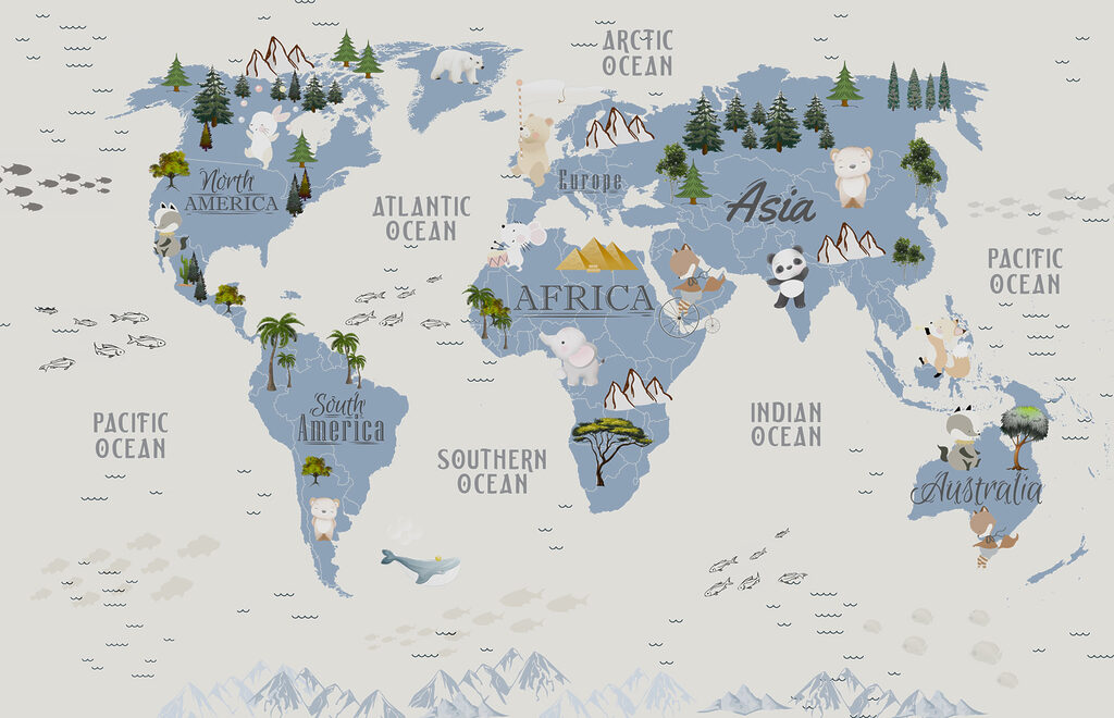 Um mapa do mundo com animais e aves Um mapa do mundo com animais e aves
