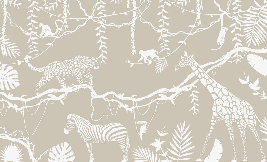 Um papel de parede com animais e plantas