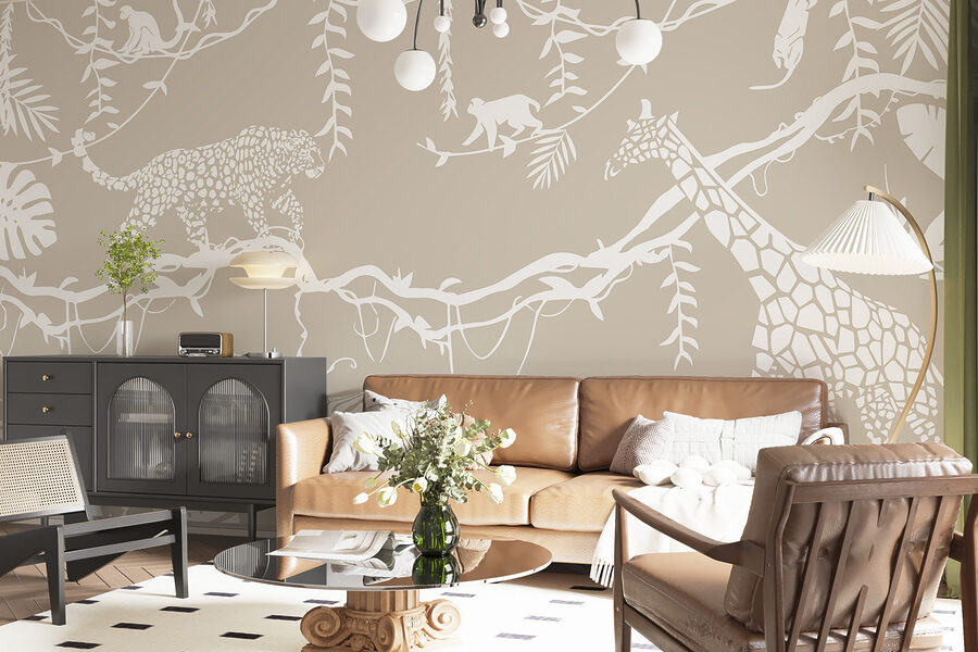 Um papel de parede com animais e plantas