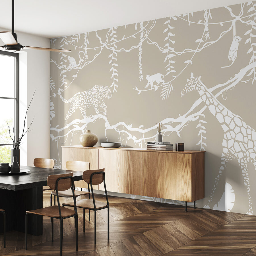 Um papel de parede com animais e plantas