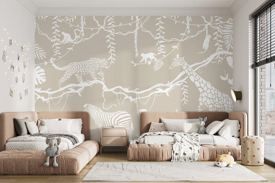 Um papel de parede com animais e plantas