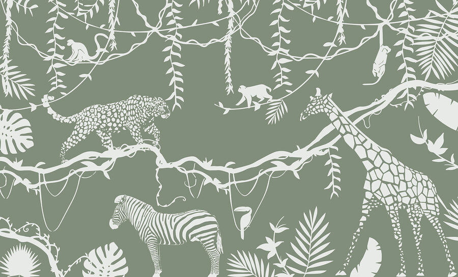 Um papel de parede com animais e plantas