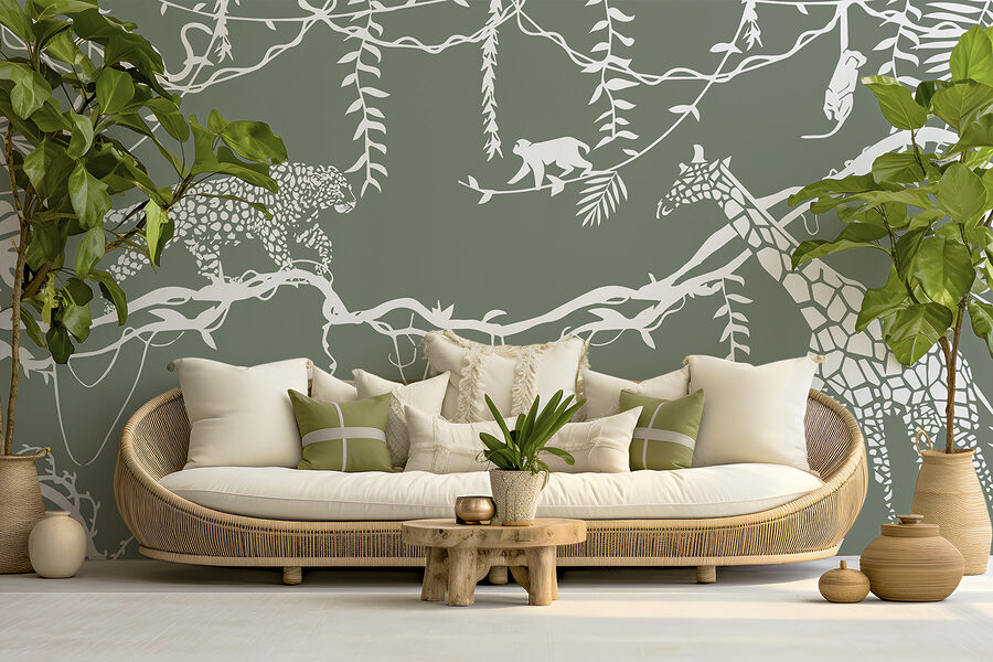 Um papel de parede com animais e plantas