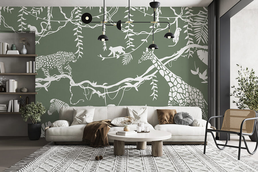 Um papel de parede com animais e plantas