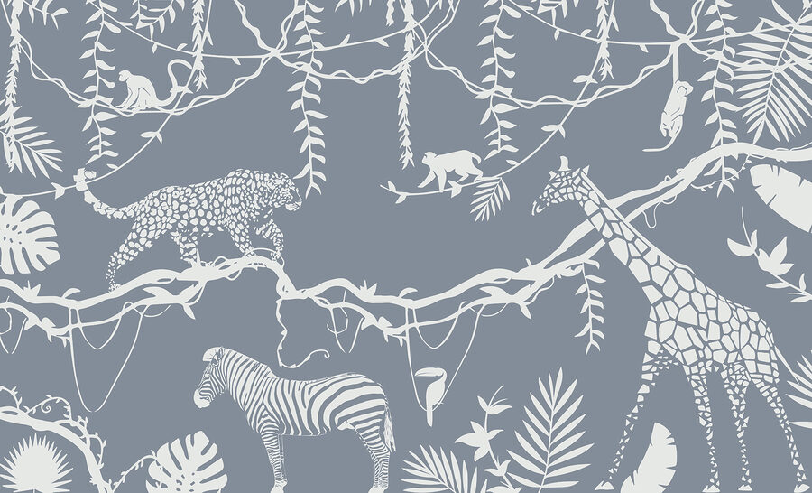 Um papel de parede com animais e plantas