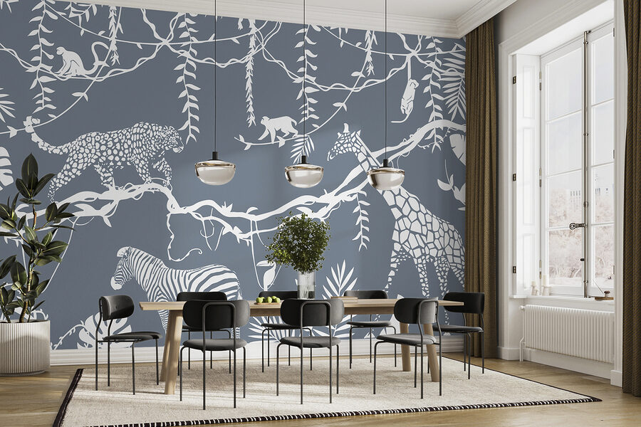 Um papel de parede com animais e plantas