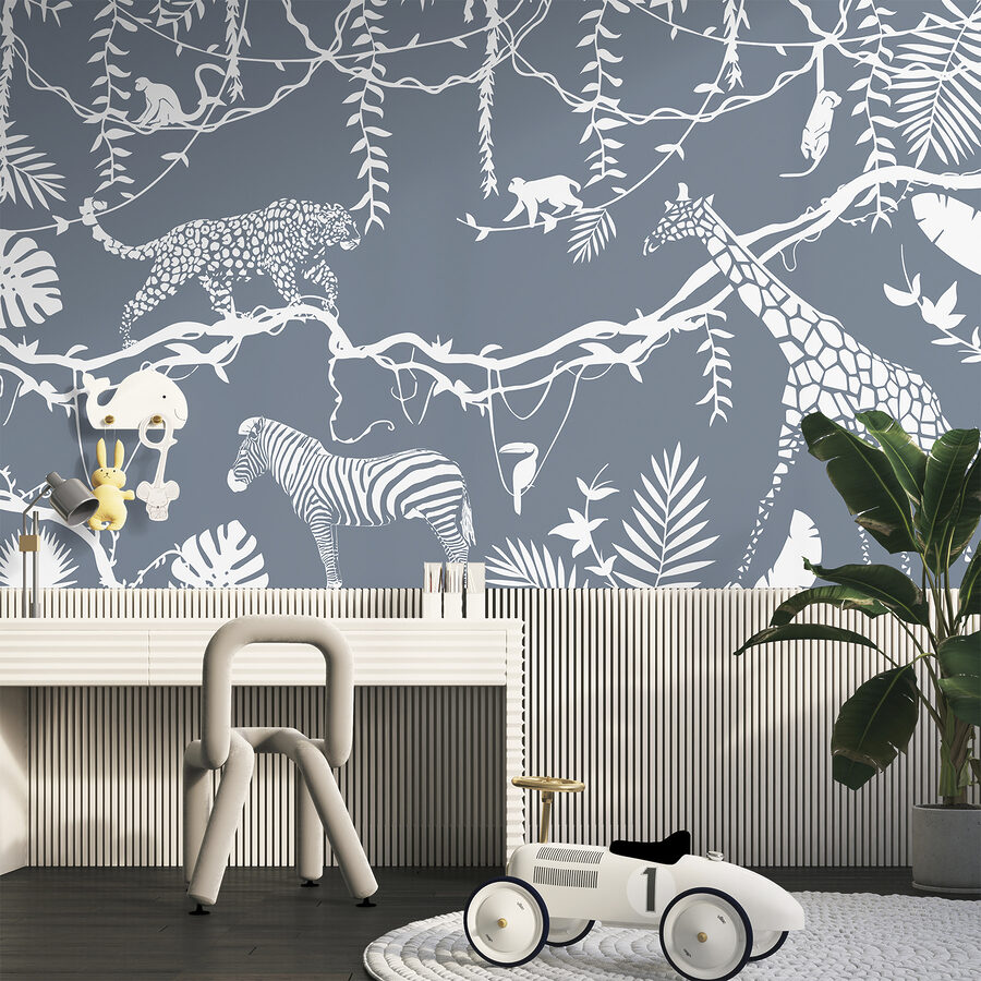 Um papel de parede com animais e plantas