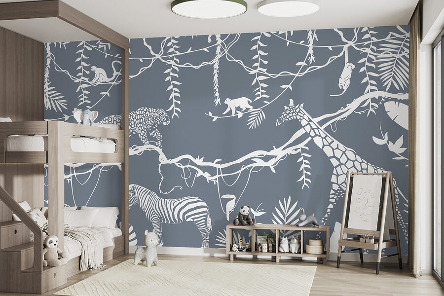 Um papel de parede com animais e plantas