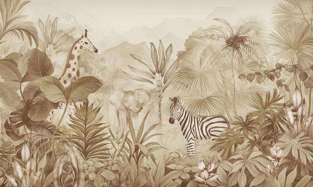 Um papel de parede com zebras e elefantes numa selva Um papel de parede com zebras e elefantes numa selva