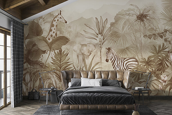 Um papel de parede com zebras e elefantes numa selva Um papel de parede com zebras e elefantes numa selva