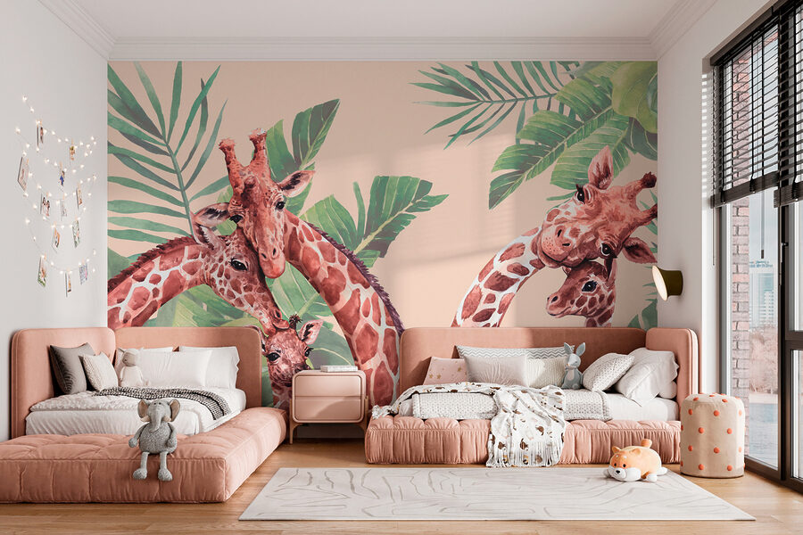 Um grupo de girafas com pescoço comprido
