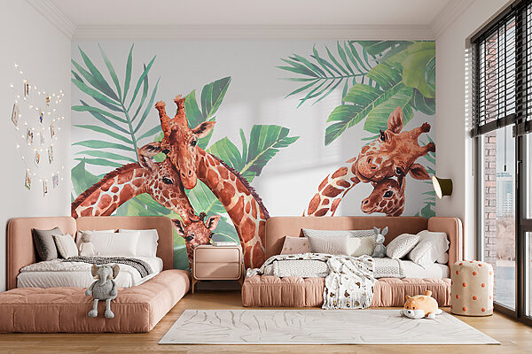 Um grupo de girafas com a cabeça à frente de folhas Um grupo de girafas com a cabeça à frente de folhas