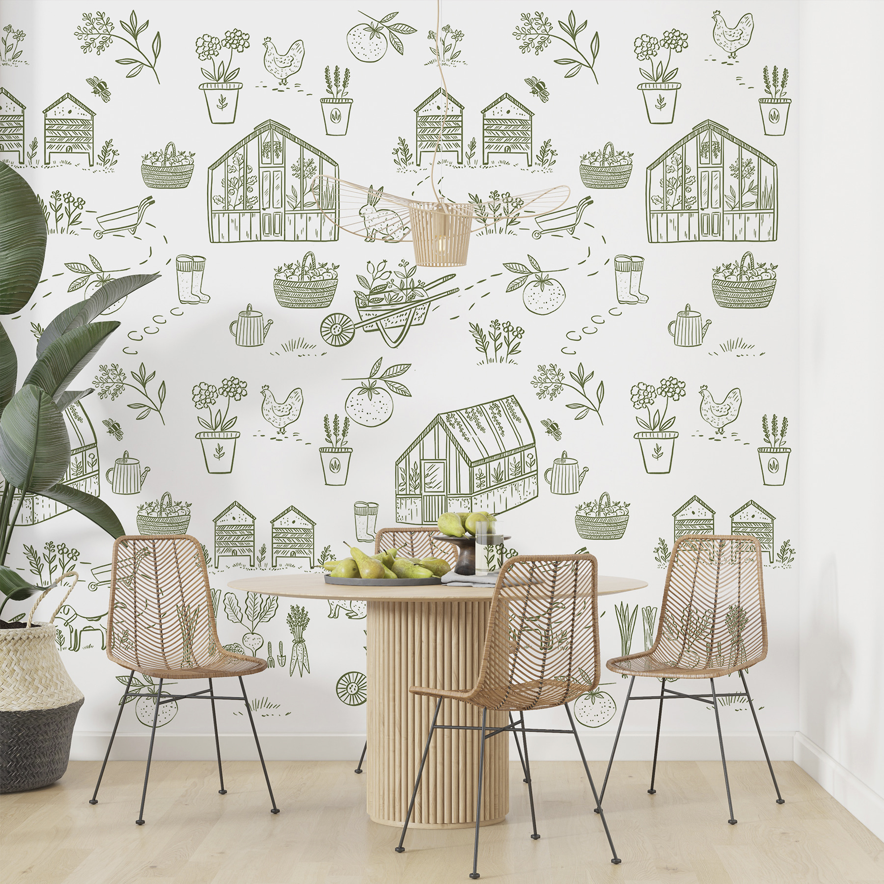 A pattern of gardening tools and plants