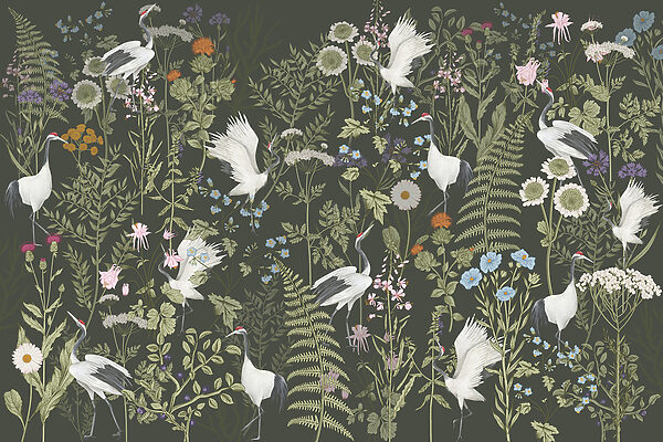 Um papel de parede com pássaros e flores Um papel de parede com pássaros e flores