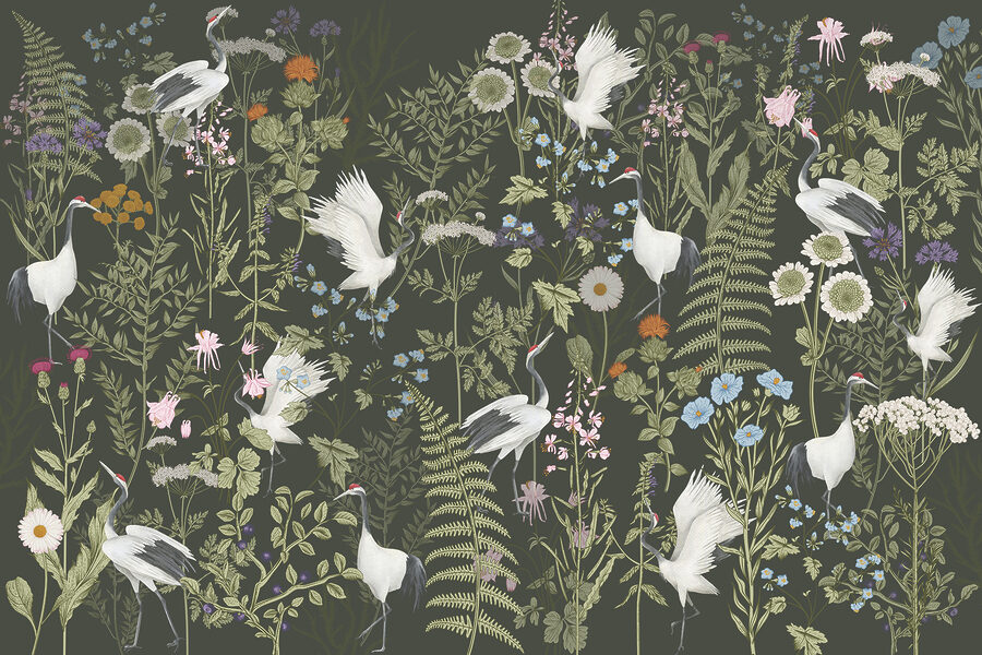 Um papel de parede com pássaros e flores