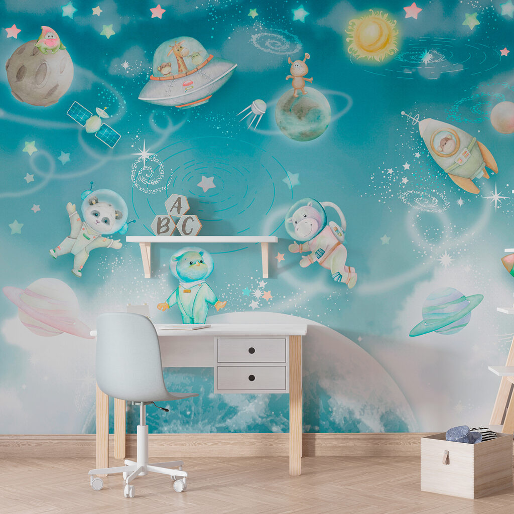 A cartoon space scene with planets and stars A cartoon space scene with planets and stars