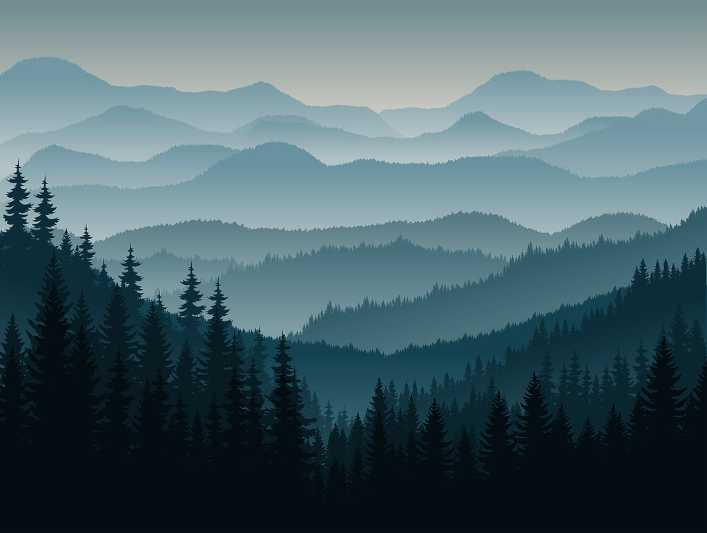Uma paisagem de montanhas com árvores Uma paisagem de montanhas com árvores
