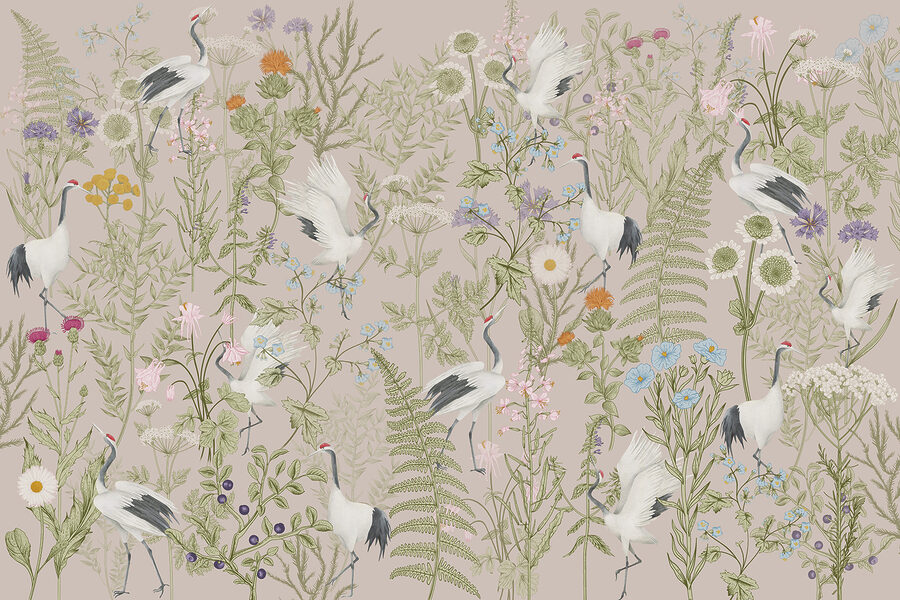 Um papel de parede com pássaros e plantas