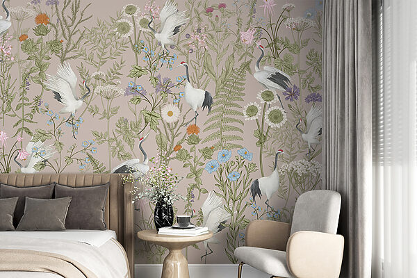 Um papel de parede com pássaros e plantas Um papel de parede com pássaros e plantas