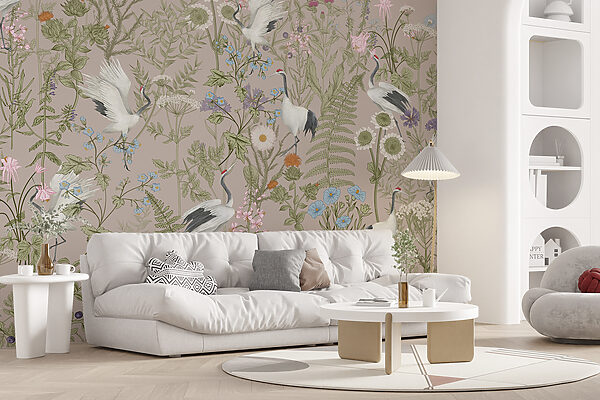 Um papel de parede com pássaros e plantas Um papel de parede com pássaros e plantas