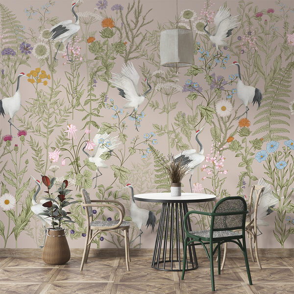 Um papel de parede com pássaros e plantas Um papel de parede com pássaros e plantas