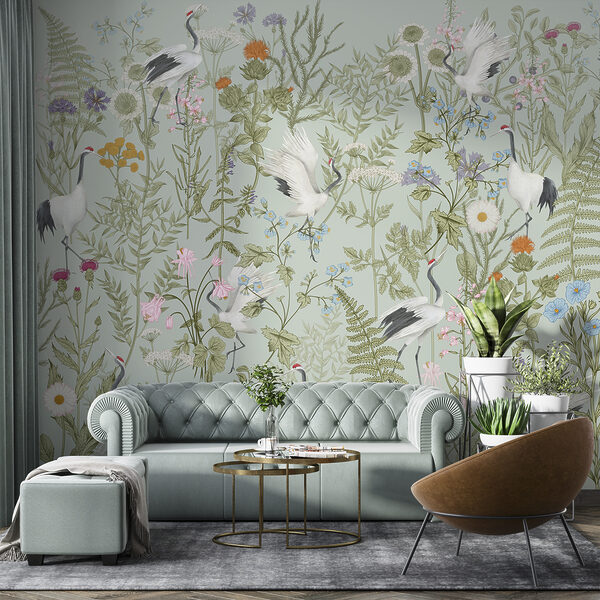 Um papel de parede com pássaros e plantas Um papel de parede com pássaros e plantas