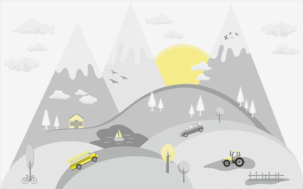 Um desenho animado de carros e camiões numa colina Um desenho animado de carros e camiões numa colina