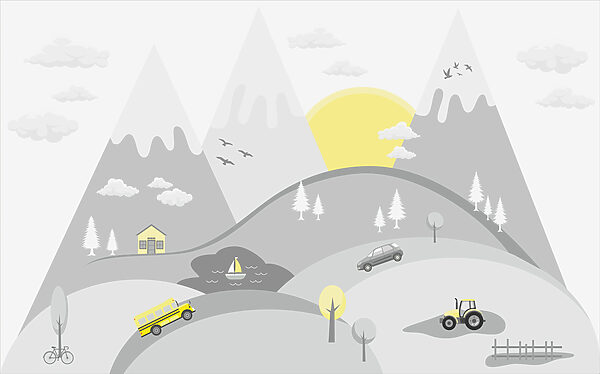 Um desenho animado de carros e camiões numa colina Um desenho animado de carros e camiões numa colina