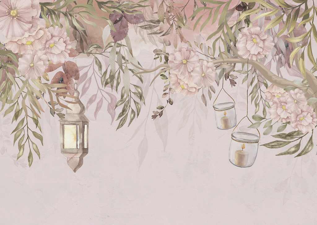 Uma pintura de uma árvore com flores e lanternas Uma pintura de uma árvore com flores e lanternas