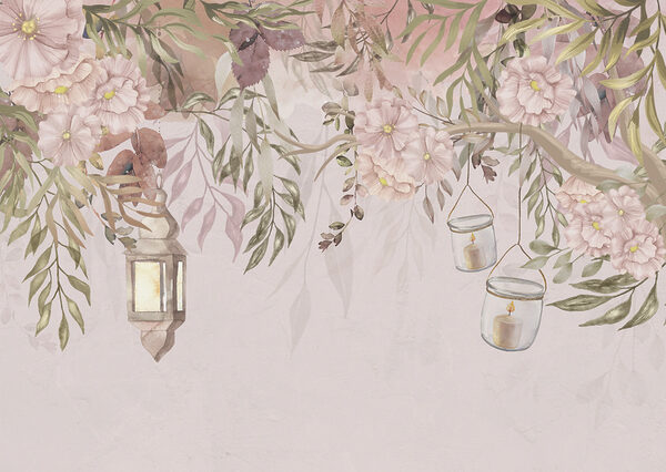 Uma pintura de uma árvore com flores e lanternas Uma pintura de uma árvore com flores e lanternas