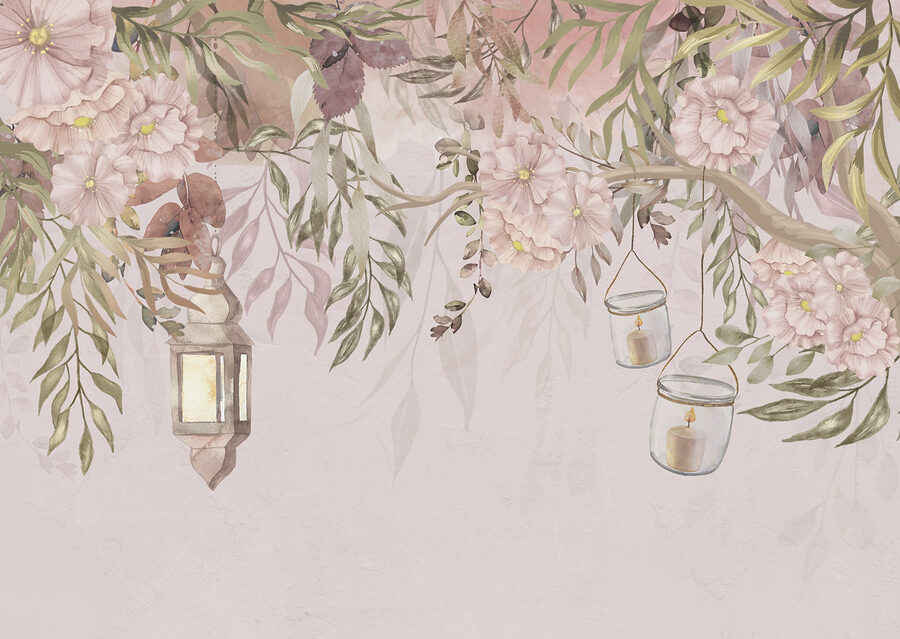 Uma pintura de uma árvore com flores e lanternas Uma pintura de uma árvore com flores e lanternas