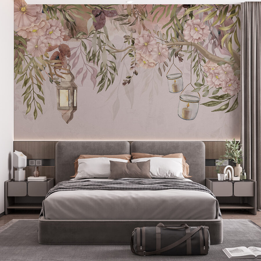 Uma pintura de uma árvore com flores e lanternas Uma pintura de uma árvore com flores e lanternas