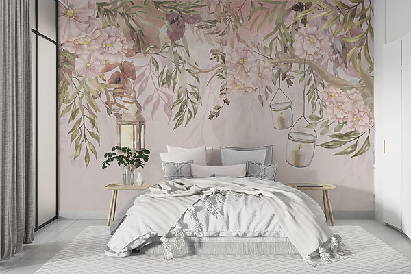 Uma pintura de uma árvore com flores e lanternas Uma pintura de uma árvore com flores e lanternas