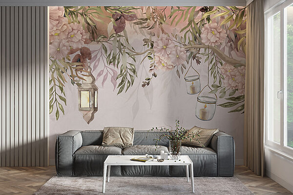 Uma pintura de uma árvore com flores e lanternas Uma pintura de uma árvore com flores e lanternas