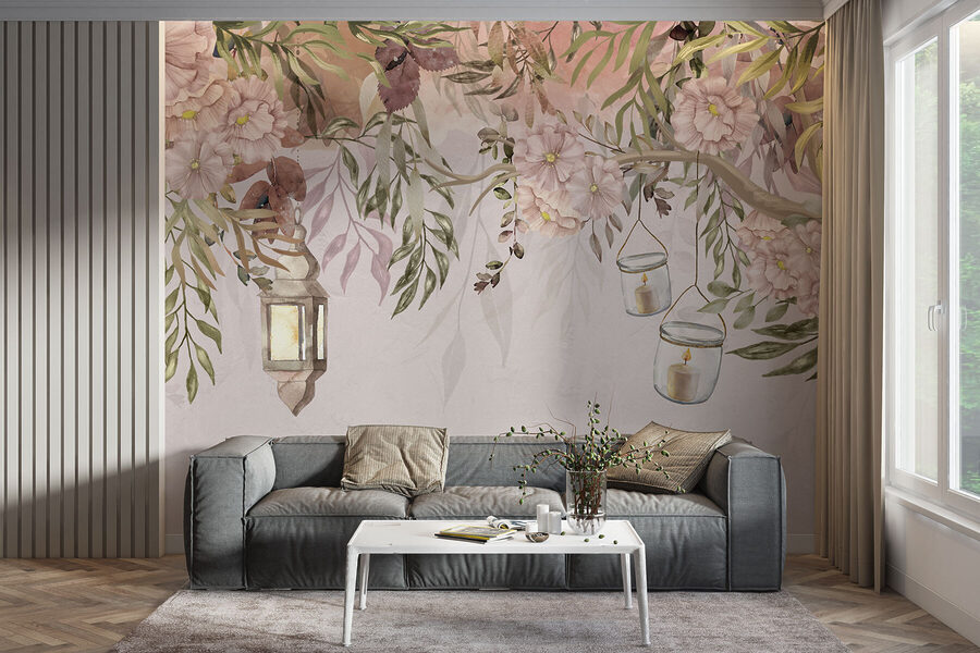 Uma pintura de uma árvore com flores e lanternas Uma pintura de uma árvore com flores e lanternas