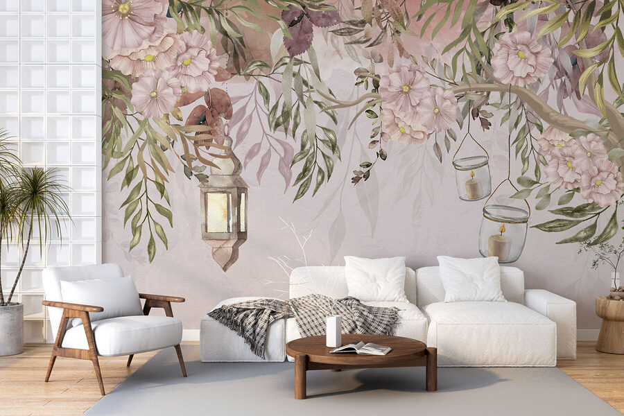 Uma pintura de uma árvore com flores e lanternas Uma pintura de uma árvore com flores e lanternas
