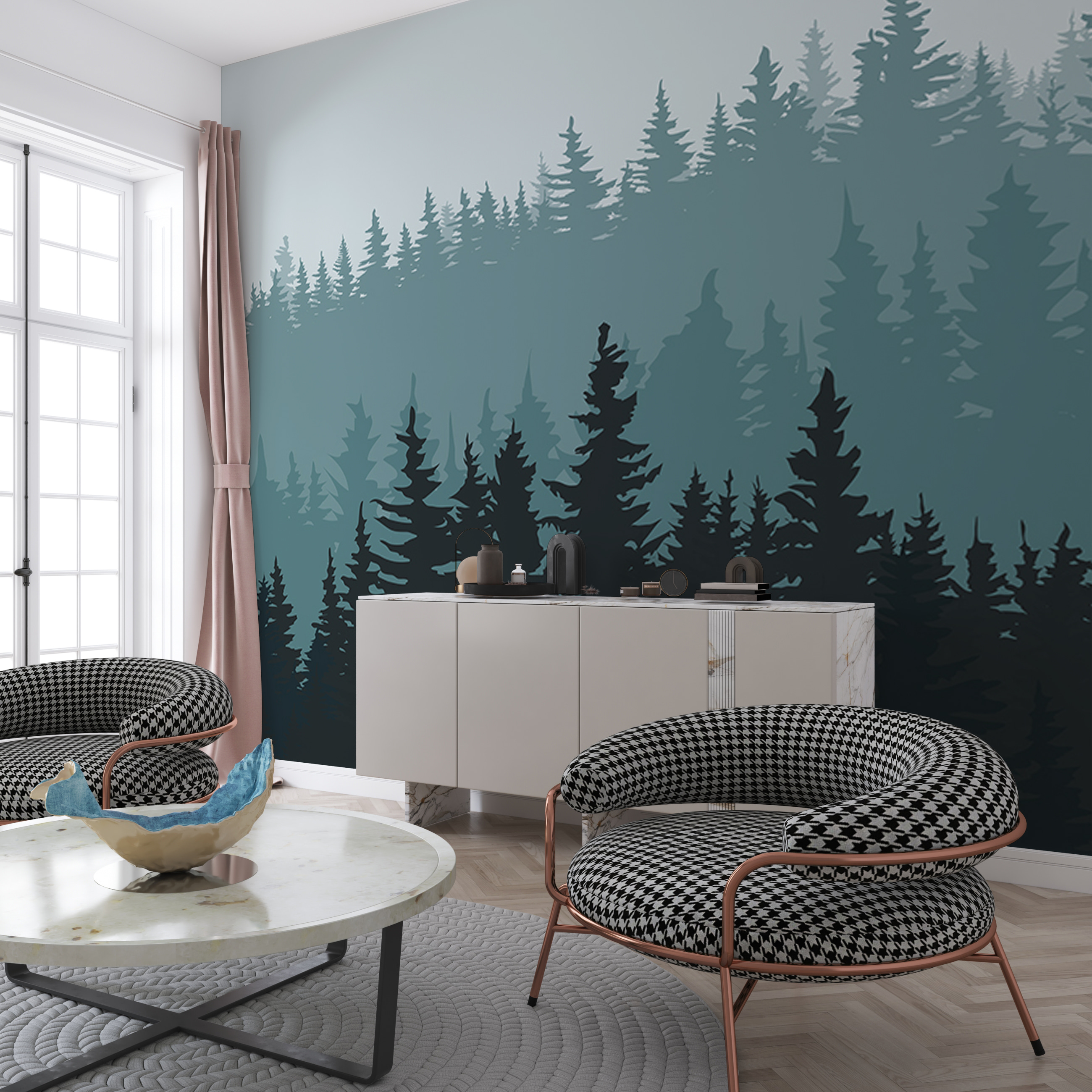 A forest of trees in the fog