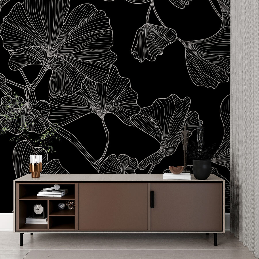Papel de parede Um padrão de folhas a preto e branco