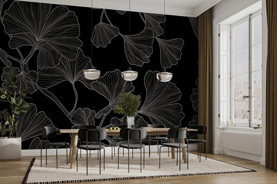 Papel de parede Um padrão de folhas a preto e branco - Image 2