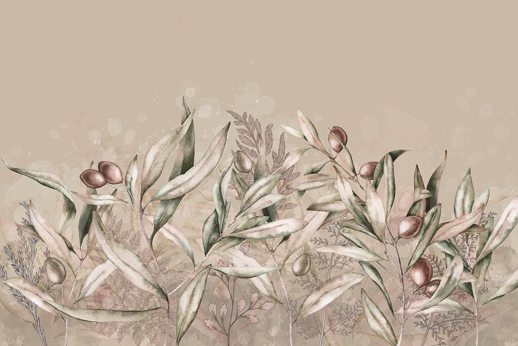 Uma pintura de folhas e frutos Uma pintura de folhas e frutos