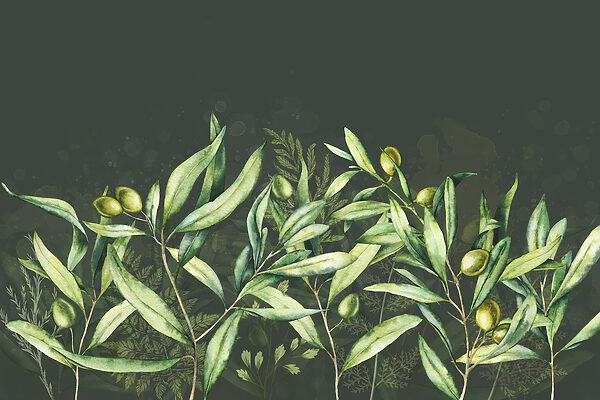 Uma pintura de folhas verdes e frutos Uma pintura de folhas verdes e frutos