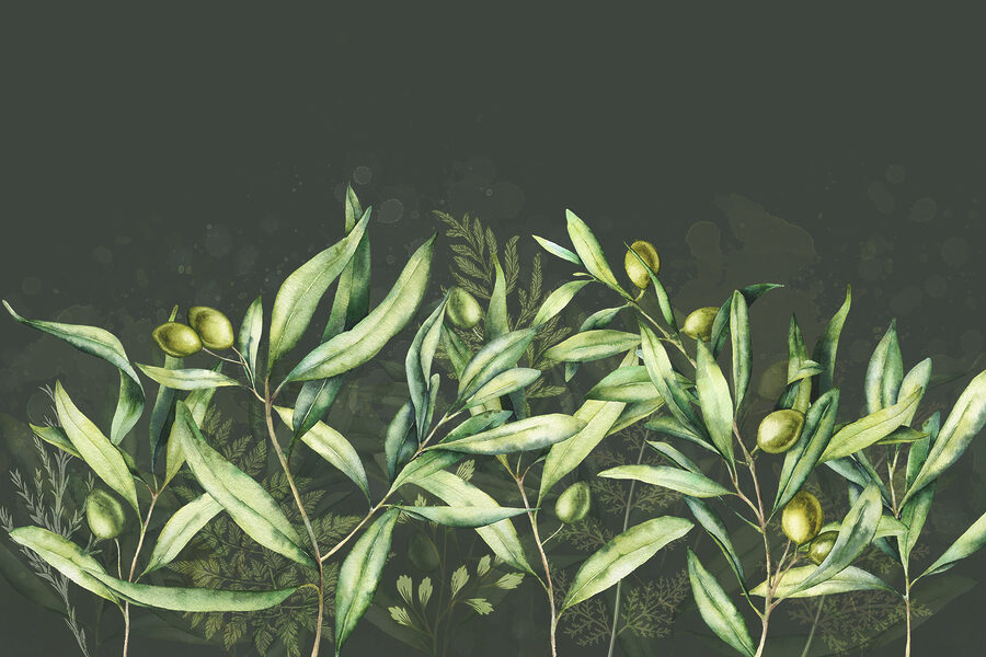 Uma pintura de folhas verdes e frutos Uma pintura de folhas verdes e frutos
