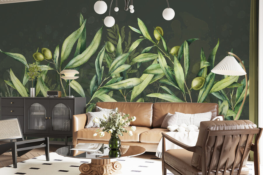 Uma pintura de folhas verdes e frutos Uma pintura de folhas verdes e frutos