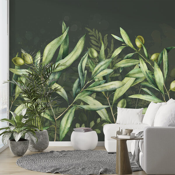 Uma pintura de folhas verdes e frutos Uma pintura de folhas verdes e frutos