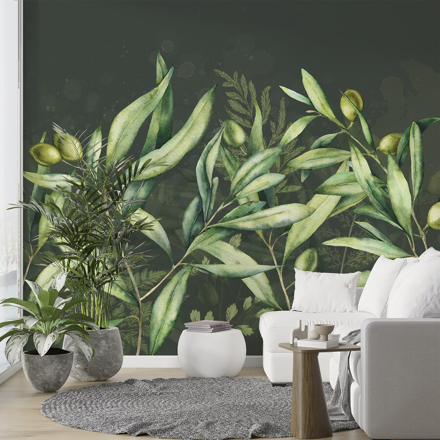 Uma pintura de folhas verdes e frutos Uma pintura de folhas verdes e frutos