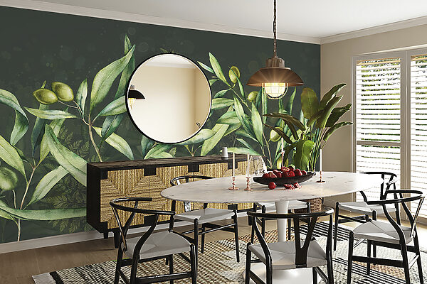 Uma pintura de folhas verdes e frutos Uma pintura de folhas verdes e frutos