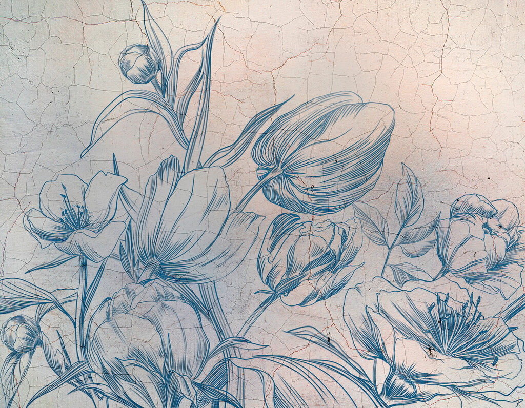 Um desenho de flores numa parede rachada Um desenho de flores numa parede rachada